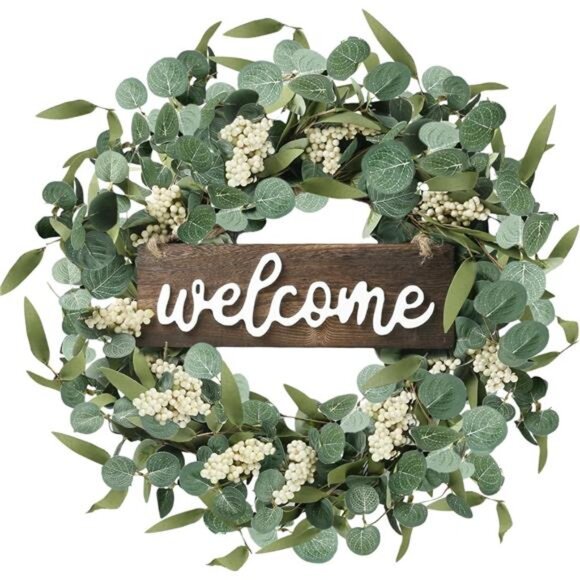 Green Artificial Eucalyptus Wreath with Welcome Sign 20in Spring Summer Wreath - Picture 1 of 14